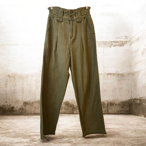 FREE PEOPLE One Way High Waist Cargo Army Olive Pleated Pants Size 2 - Picture 2 of 16